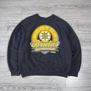 Vintage 90s Boston Bruins NHL Hockey Black Crewneck Sweater L Tultex